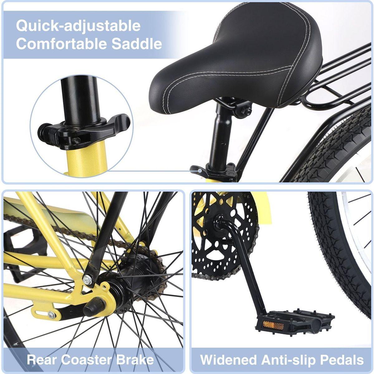 Single Speed Bicycles 26"Inch,Steel Frame, Wide Wheels for Stability, Rear Coaster Brakes,Multiple Colors Men's Beach Cruiser Bike