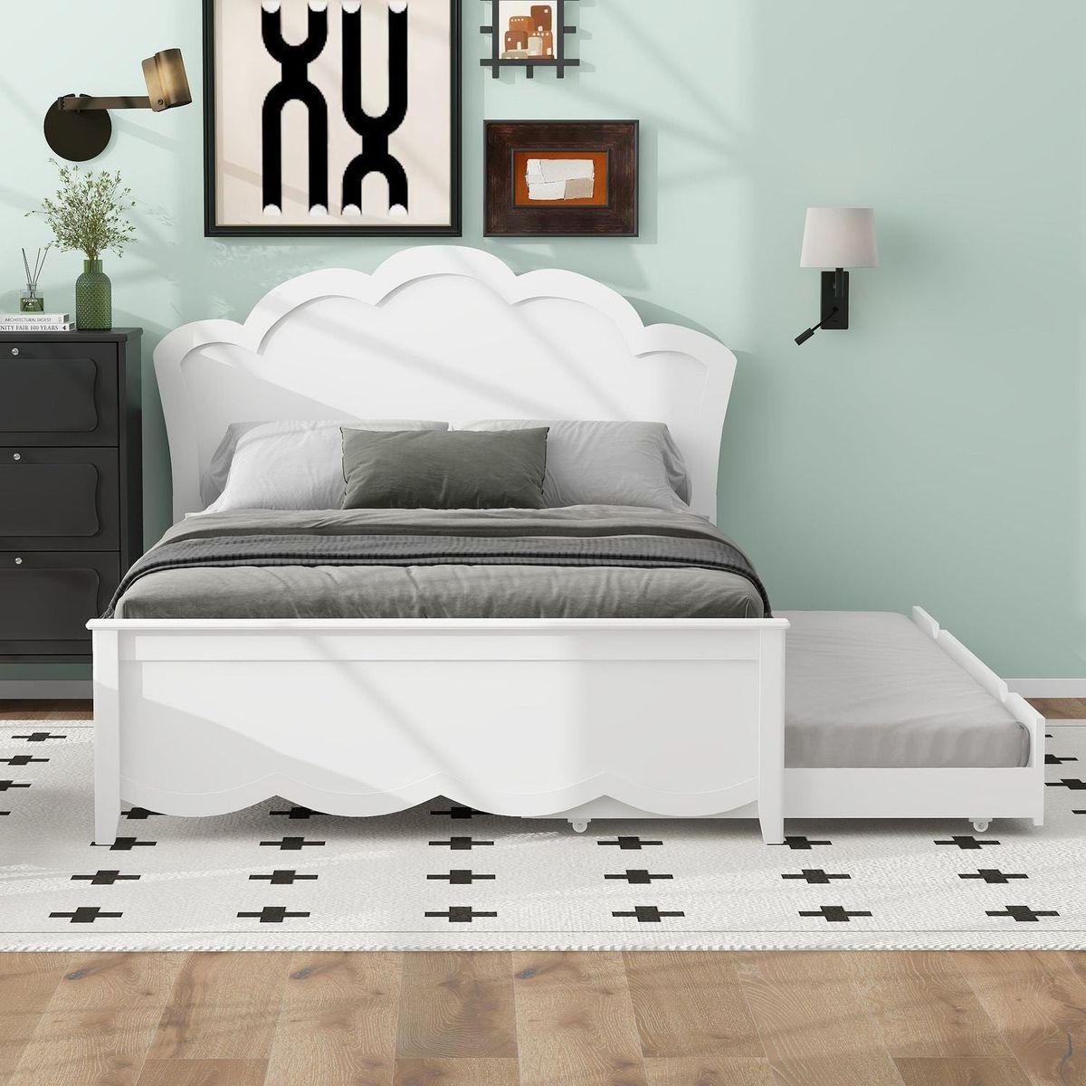 Full Size Wood Platform Bed with Headboard and Twin Size Trundle, White - Streamdale Furniture