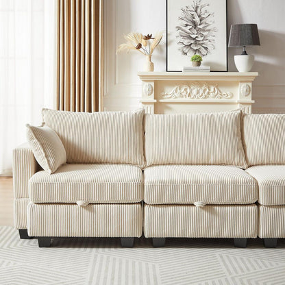 113.5" Modular Sectiona Corduroy Sofa, Sectional Couches for Living Room U Shaped Sectional Couch with Storage Ottoman, 6 Seats Convertible Sectionals with Chaise