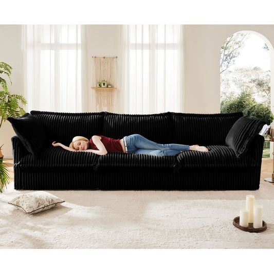 Slipcovered Sofa Couch, Modern 3 Seater Sofa with Suppleness Armrests,Deep Seat Sofa with Soft Multiple Big Pillows, Comfy Couch for Living Room, Apartment,Black Corduroy Fabric