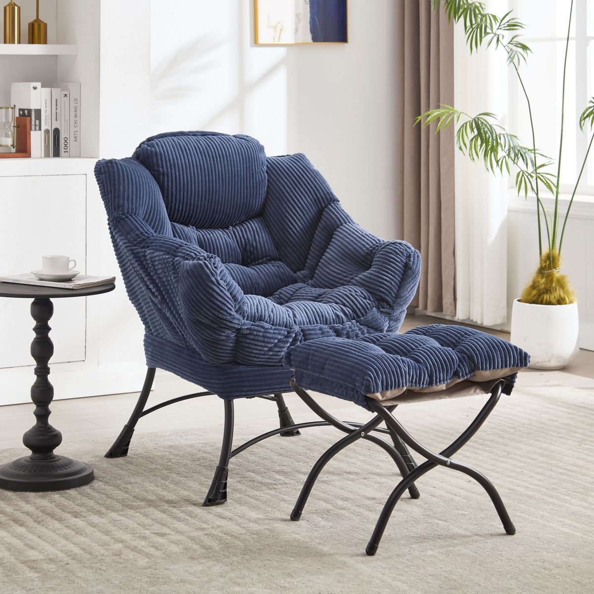 Lazy Chair with Ottoman, Modern Lounge Accent Chair with Armrests and a Side Pocket, Leisure Upholstered Sofa Chair Reading Chair with Footrest for Small Space, Corner Chair-Navy blue