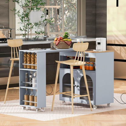 Rolling Kitchen Island With Movable Extended Table, Kitchen Cabinet on Wheels with Power Outlets and 2 Fluted Glass Doors, Kitchen Island with a Storage Compartment and Side 3 Open Shelves, Grey