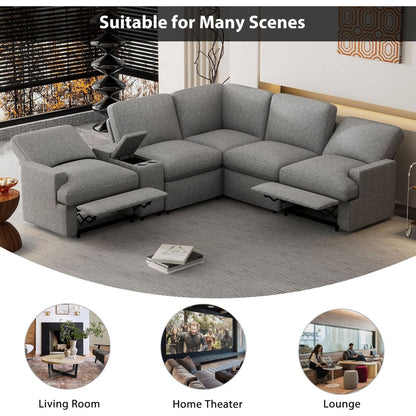 104" Power Recliner Corner Sofa Home Theater Reclining Sofa Sectional Couches with Storage Box, Cup Holders, USB Ports and Power Socket for Living Room, Grey