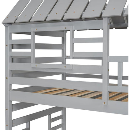 Twin over Twin House Bunk Bed with Trundle and Slide, Storage Staircase, Roof and Window Design, Gray