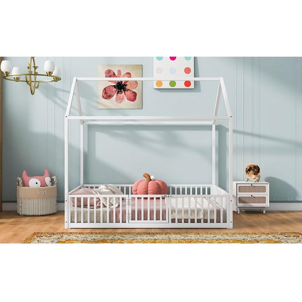 Full Size Metal House Bed with Fence and Door, White