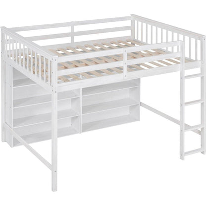 Full Size Loft Bed with 8 Open Storage Shelves and Built-in Ladder, White