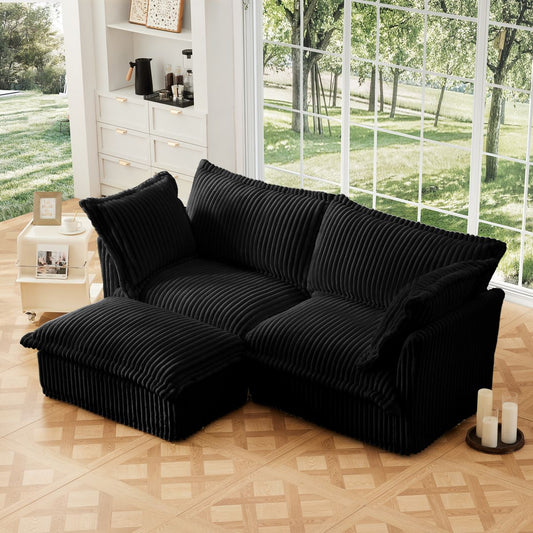 Slipcovered Sectional 2 Seater Sofa Couch with Convertible Ottoman, Wide and Deep Seat L Shaped Sofa with Detachable Cover and Soft Multiple Big Pillows,Black Corduroy Fabric