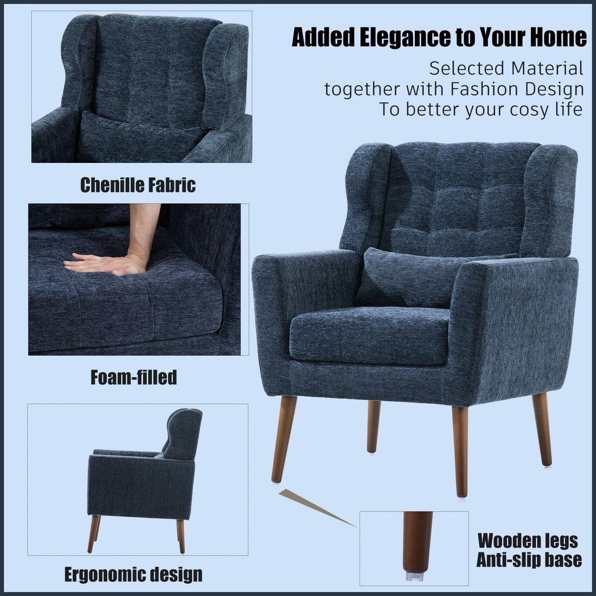 Modern Accent Chair Upholstered Foam Filled Living Room Chairs Comfy Reading Chair Mid Century Modern Chair with Chenille Fabric Lounge Arm Chairs Armchair for Living Room Bedroom (Dark Blue)