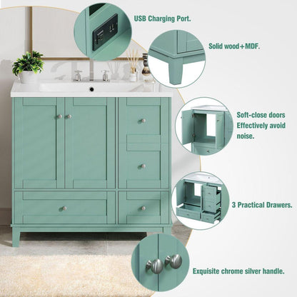 36 Inch Modern Bathroom Vanity with USB Charging, Two Doors and Three Drawers Bathroom Storage Vanity Cabinet, Small Bathroom Vanity cabinet with single sink, Green - Faucets Not Included