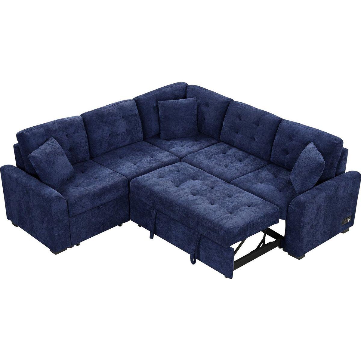 82.6" L-shape Sofa Bed Pull-out Sleeper Sofa with Wheels, USB Ports, Power Sockets for Living Room, Navy Blue