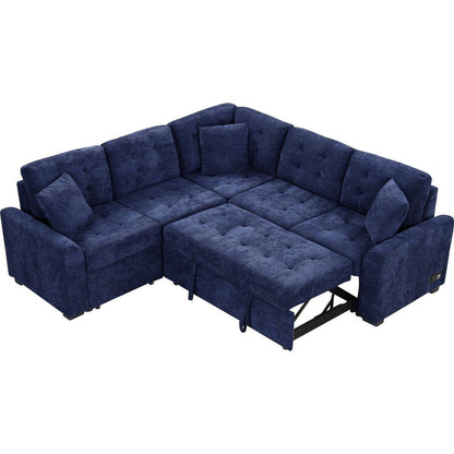 82.6" L-shape Sofa Bed Pull-out Sleeper Sofa with Wheels, USB Ports, Power Sockets for Living Room, Navy Blue