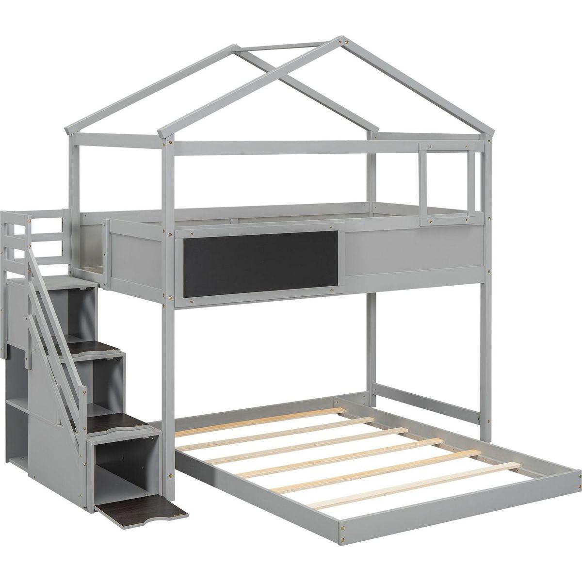 Twin over Full House Bunk Bed with Storage Staircase and Blackboard,Gray