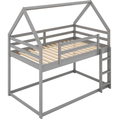 Twin over Twin Low Bunk Bed, House Bed with Ladder, Gray