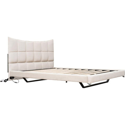 Full Size Upholstered Platform Bed with LED Lights,USB Ports and Outlets,Linen Fabric,Beige