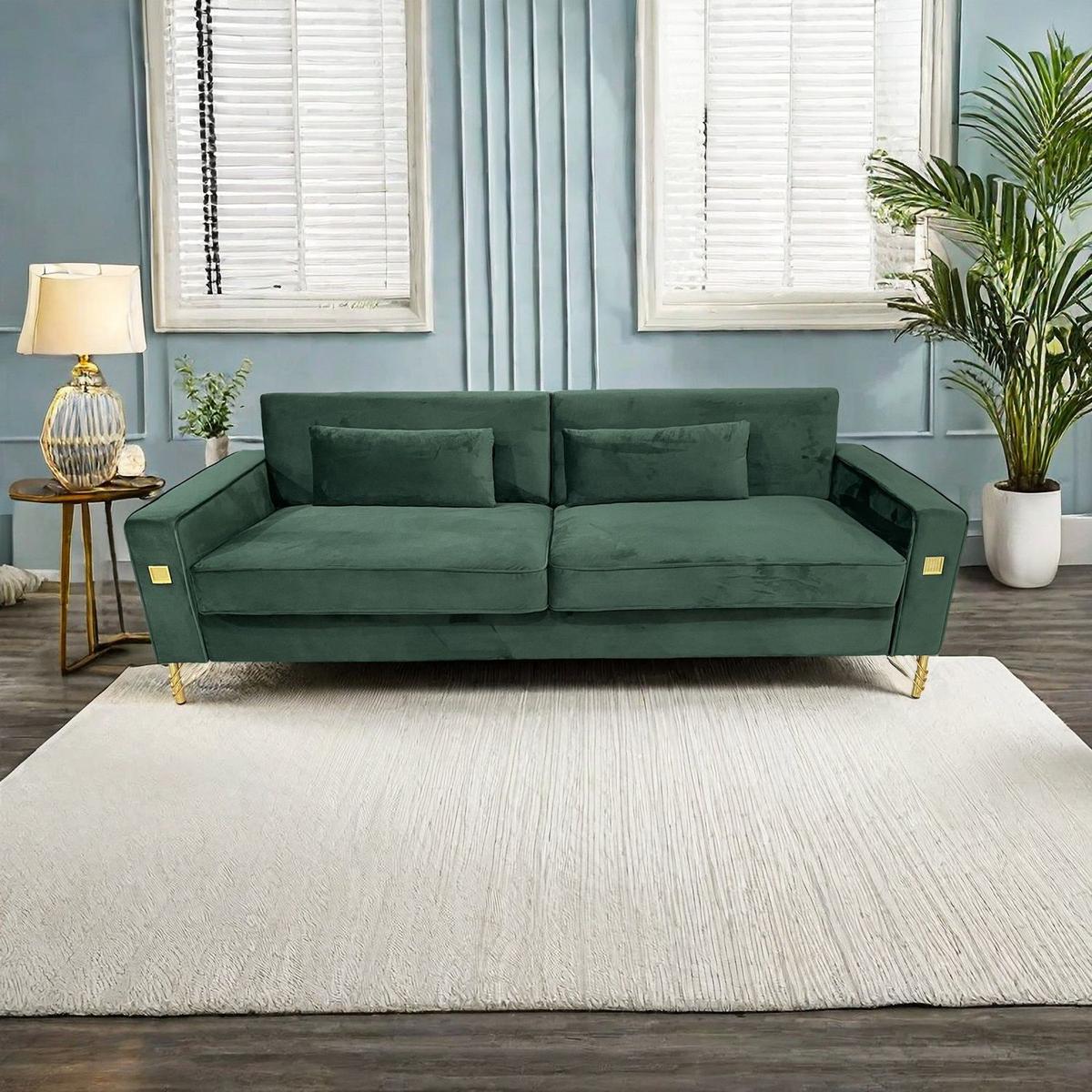 FX-P18-RG2(SOFA) Luxury Emerald Green Velvet Sofa with Gold Accents - Modern 3-Seat Couch with Plush Cushions, Perfect for Living Room and Office Decor