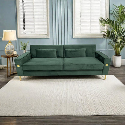 FX-P18-RG2(SOFA) Luxury Emerald Green Velvet Sofa with Gold Accents - Modern 3-Seat Couch with Plush Cushions, Perfect for Living Room and Office Decor