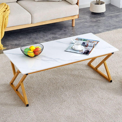 A modern minimalist style white marble patterned coffee table with golden metal legs. Computer desk. Game table. Tea table. CT-XX