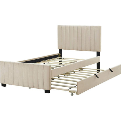 Twin Size Velvet Upholstered Platform Bed with Twin Size Trundle, Beige