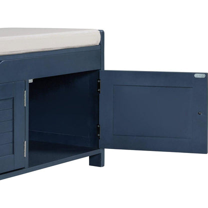 Storage Bench with 3 Shutter-shaped Doors, Shoe Bench with Removable Cushion and Hidden Storage Space (Antique Navy
