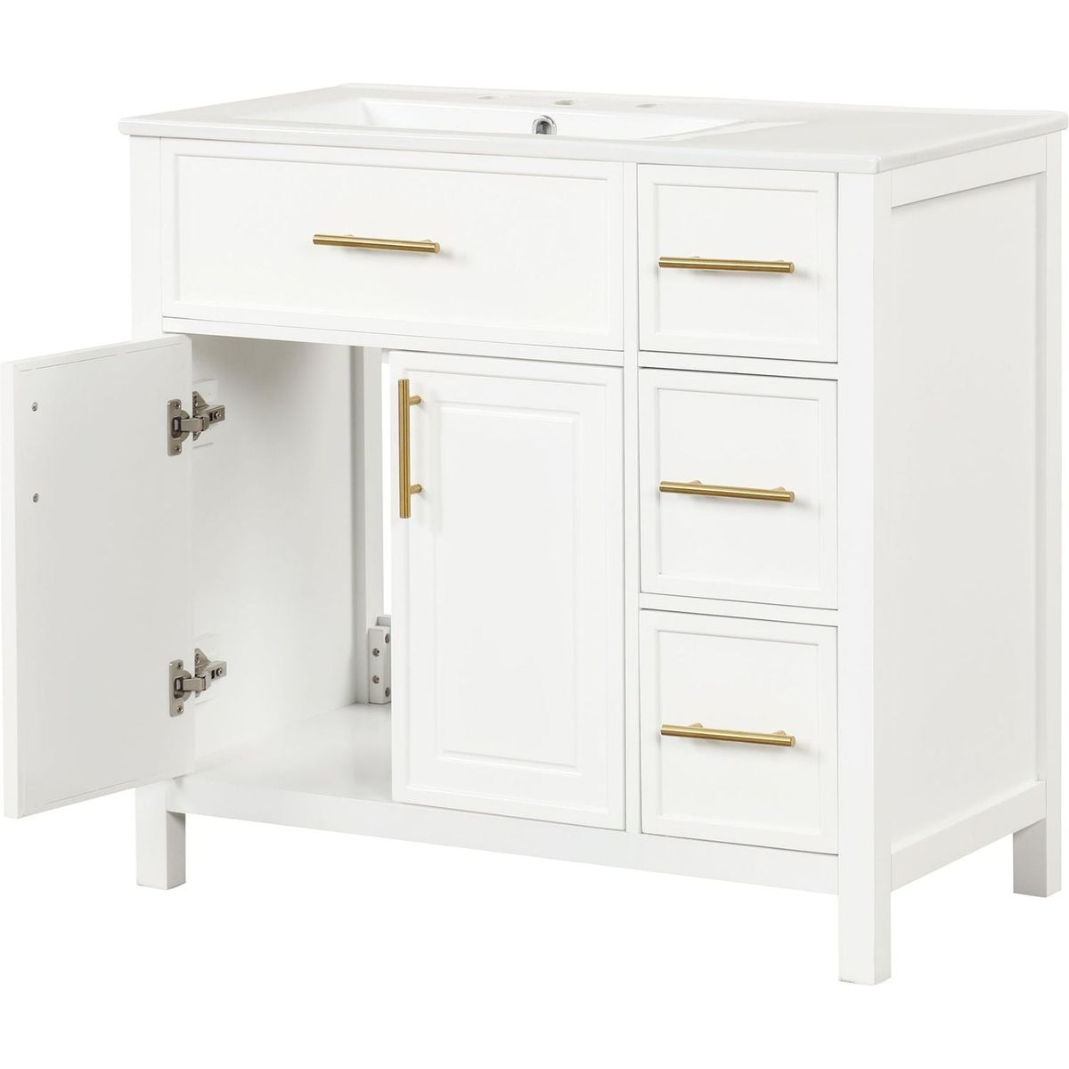 36" Bathroom Vanity with Sink Top, Bathroom Vanity Cabinet with Two Doors and Three Drawers, Solid Wood, MDF Boards, One Package, Off White