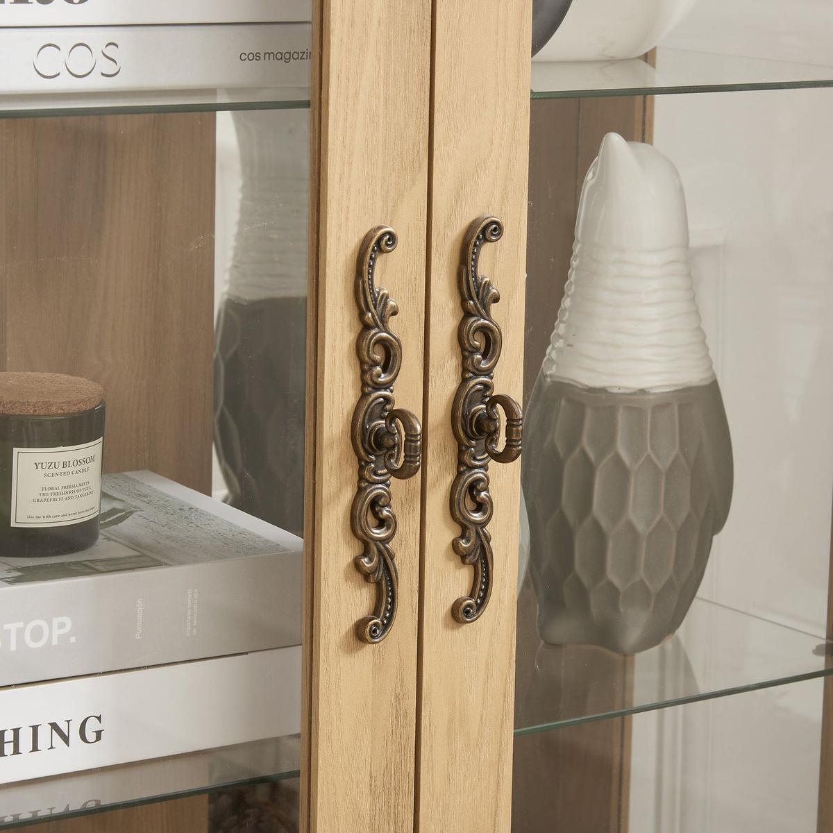 2 Doors Curio Cabinet with Tempered Glass Doors, Curio Cabinets with Mirrored Back Panel and Adjustable Shelves, Lighted Display Cabinet for Home, Office Light Bulb Included OAK