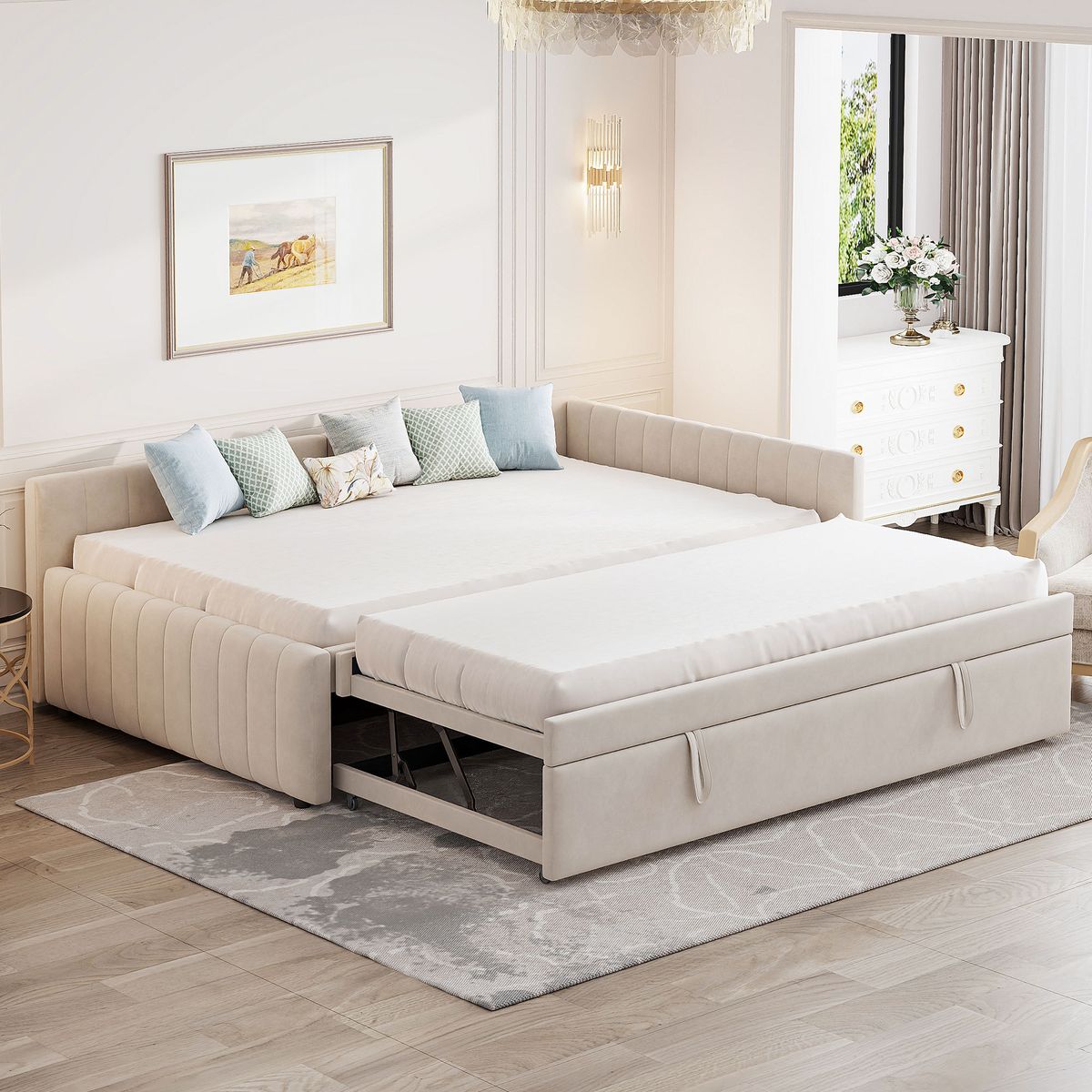 Full Size Upholstered L-Shaped Upholstered Daybed with Twin
Size Pop Up Trundle, Beige