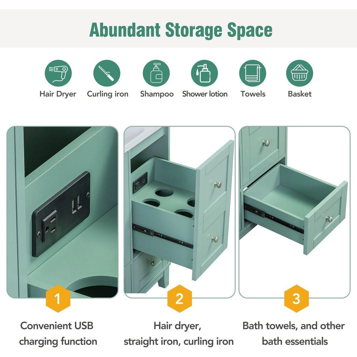 36 Inch Modern Bathroom Vanity with USB Charging, Two Doors and Three Drawers Bathroom Storage Vanity Cabinet, Small Bathroom Vanity cabinet with single sink, Green - Faucets Not Included