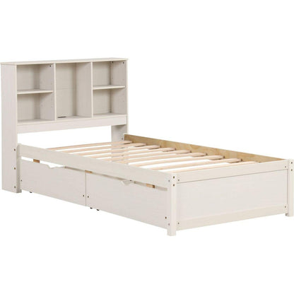 Modern Twin Size Bed Frame With Built-in USB Port on Bookcase Headboard and 2 Drawers for White Washed Color
