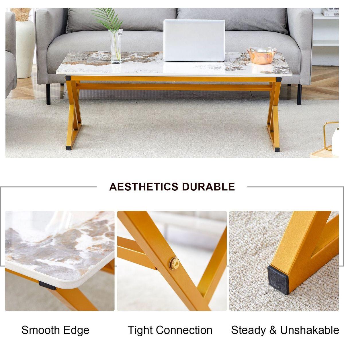 A modern minimalist style marble patterned coffee table with golden metal legs. Computer desk. Game table. Tea table. CT-XX