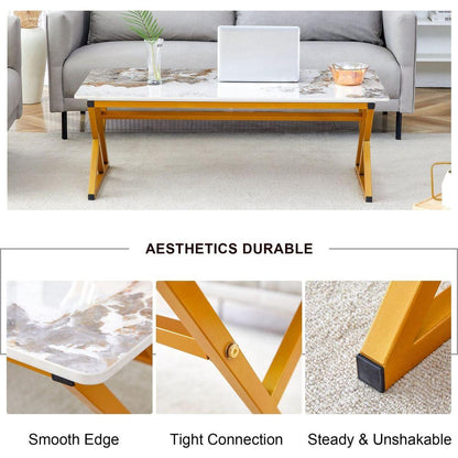 A modern minimalist style marble patterned coffee table with golden metal legs. Computer desk. Game table. Tea table. CT-XX