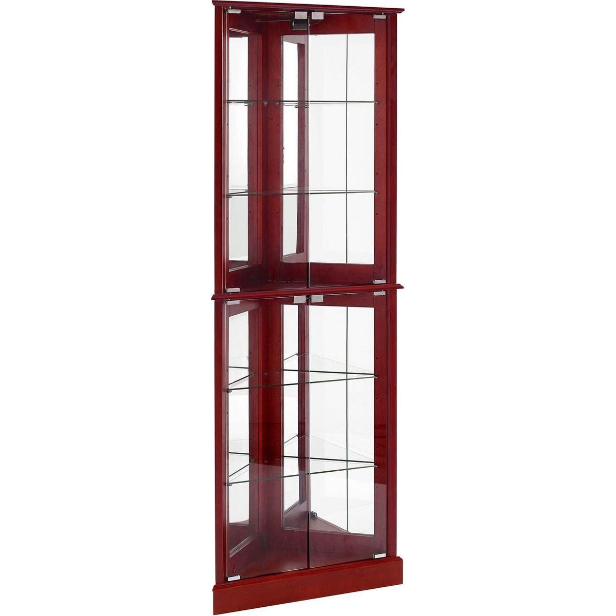 Corner Curio Dispaly Cabinet with Lights, Adjustable Tempered Glass Shelves, Mirrored Back,Cherry