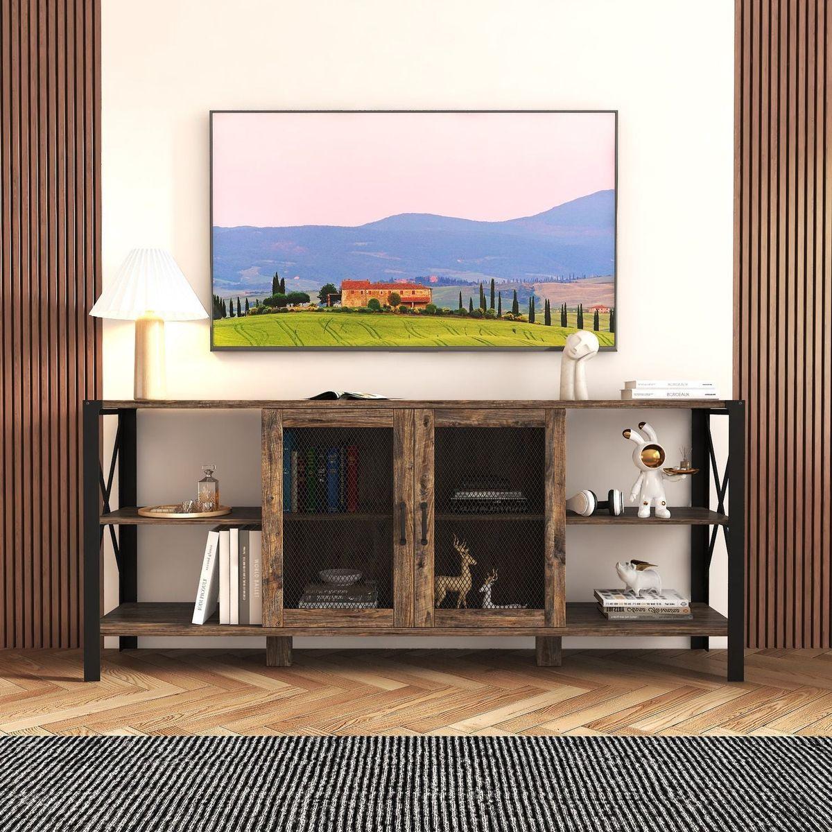 TV Stands for Living Room, Industrial TV Stand for Bedroom Furniture, Farmhouse TV Stand 80 Inch Television Stand, Modern Horizontal Wood and Metal Open Bookshelf