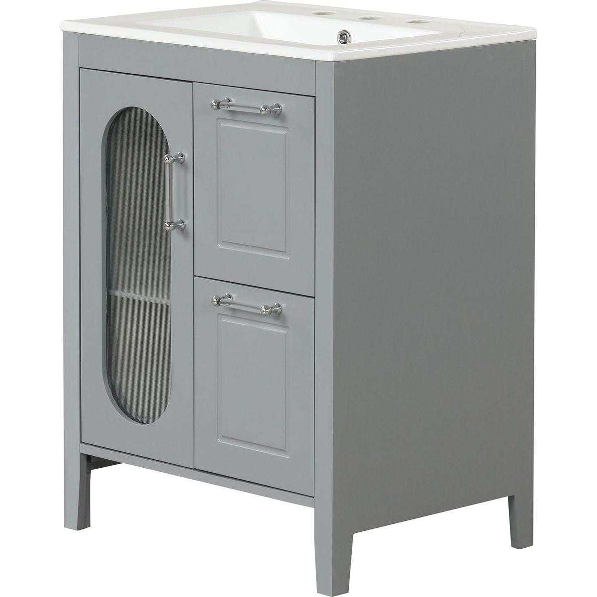 24" Bathroom Vanity with Sink, Bathroom Vanity Cabinet with Two Drawers and Door, Adjustable Shelf, Solid Wood and MDF, Grey