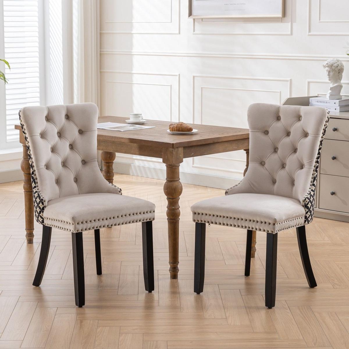 Classic Velvet Dining Chairs, High-end Tufted Solid Wood Contemporary Velvet Upholstered Dining Chair with Wood Legs Nailhead, SET OF 2,Beige and Patterned