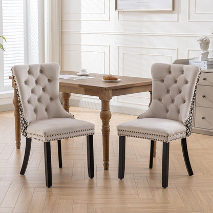 Classic Velvet Dining Chairs, High-end Tufted Solid Wood Contemporary Velvet Upholstered Dining Chair with Wood Legs Nailhead, SET OF 2,Beige and Patterned