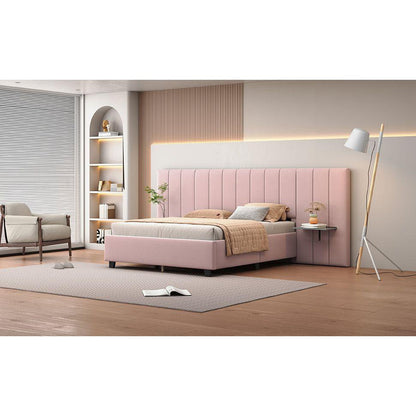 Queen Size Upholstered Platform Bed with Big Headboard, Bedroom Furniture, Velvet, Pink