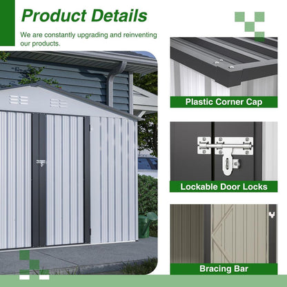 10X8 FT Outdoor Storage Shed, All Weather Metal Sheds with Lockable Doors, Tool Shed for Garden, Patio, Backyard, Lawn, Grey