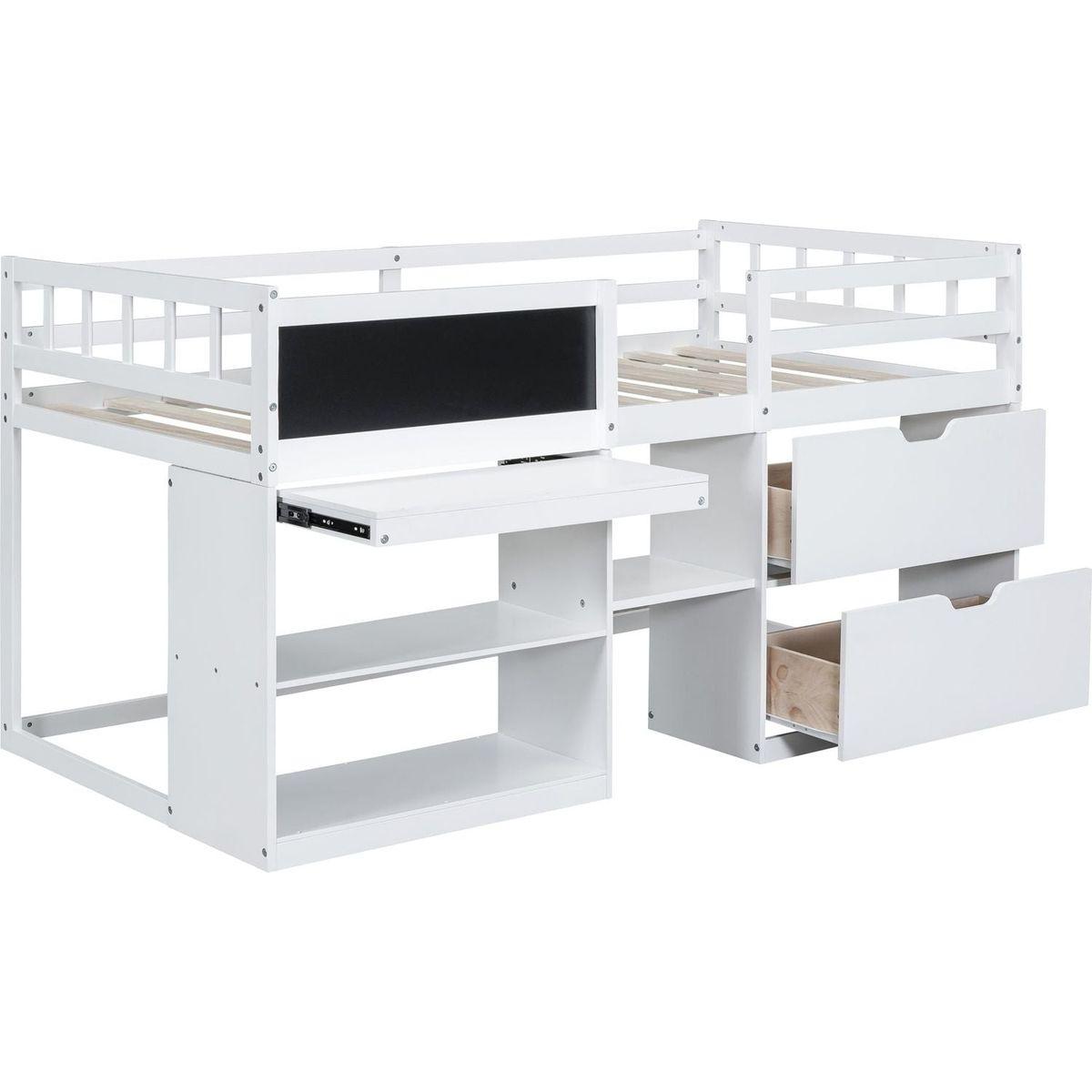 Twin Size Low Loft Bed with Rolling Desk, Shelf and Drawers - White