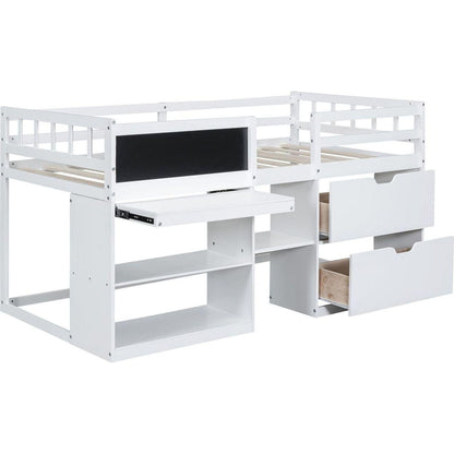 Twin Size Low Loft Bed with Rolling Desk, Shelf and Drawers - White