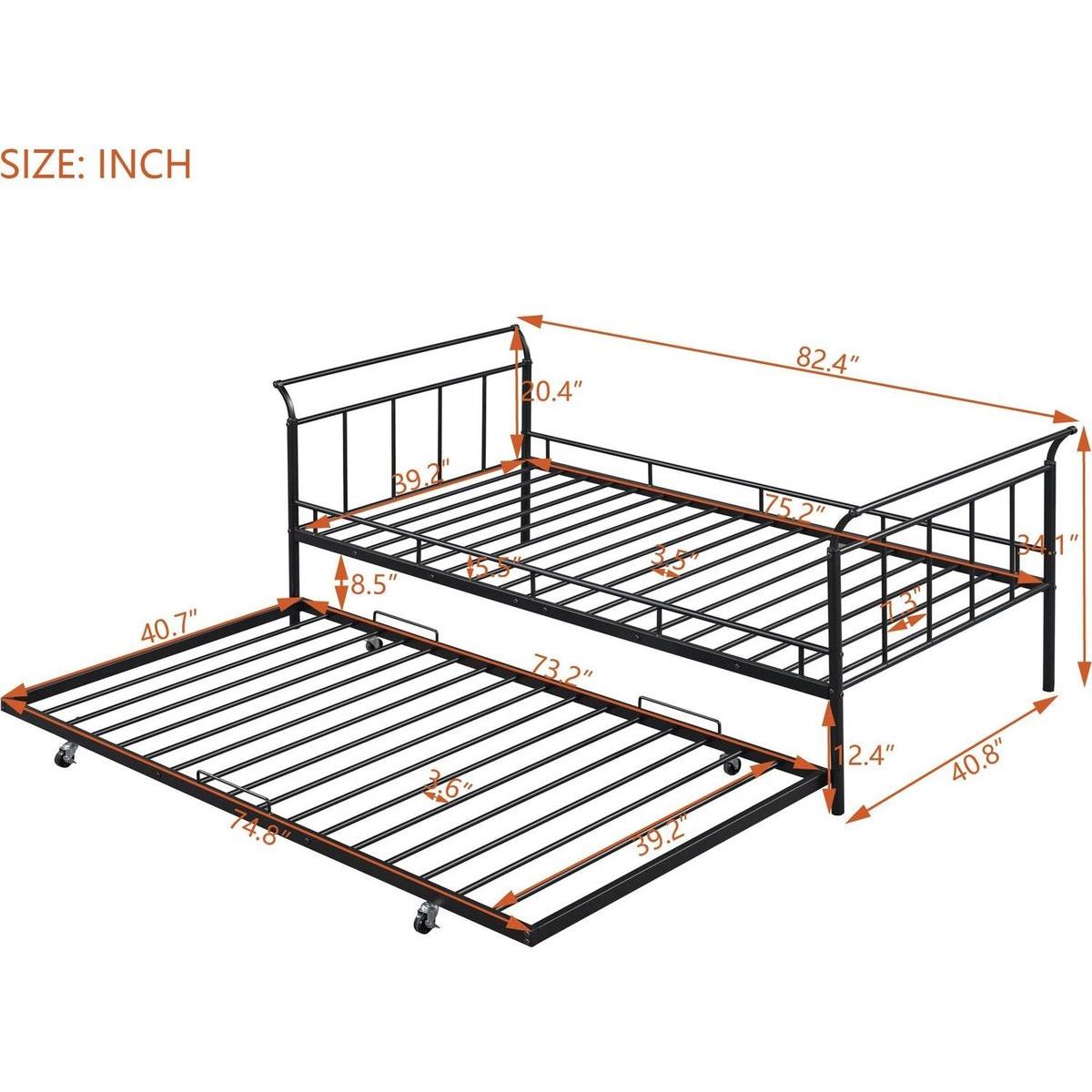 Twin Size Metal Daybed with Curved Handle Design and Twin Size Trundle, Black