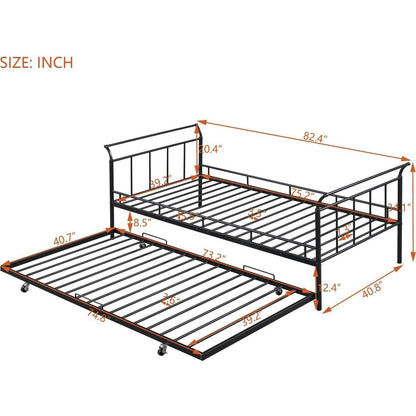 Twin Size Metal Daybed with Curved Handle Design and Twin Size Trundle, Black