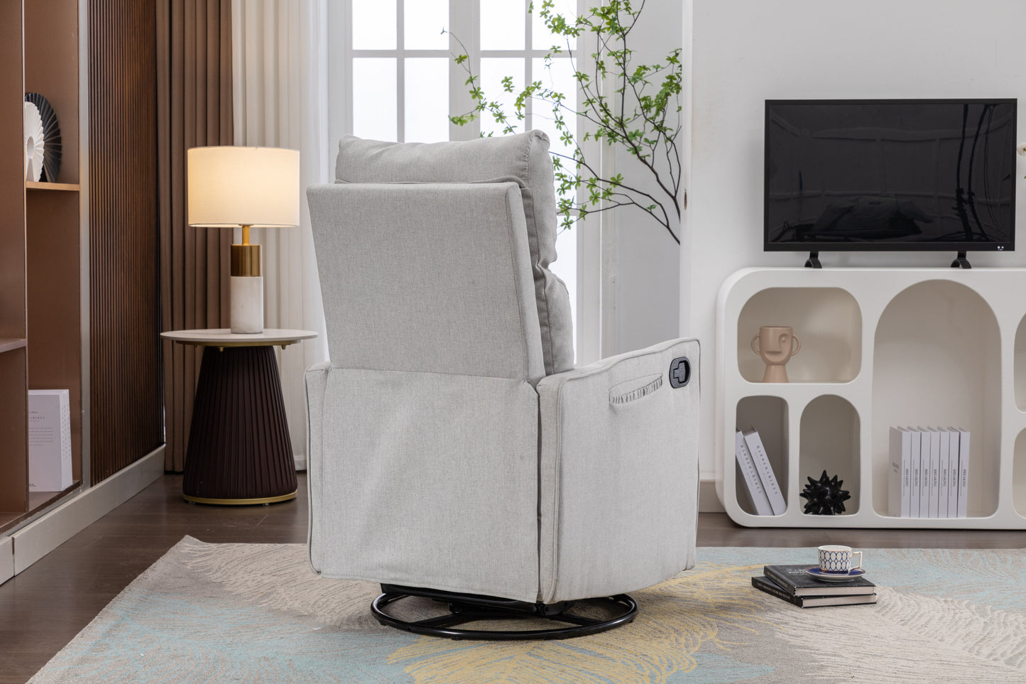 Cotton Linen Fabric Swivel Rocking Chair Glider Rocker Recliner Nursery Chair With Adjustable Back And Footrest For Living Room Indoor,Light Gray