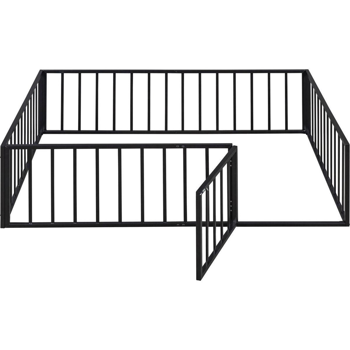 Full Size Metal Floor Bed Frame with Fence and Door, Black