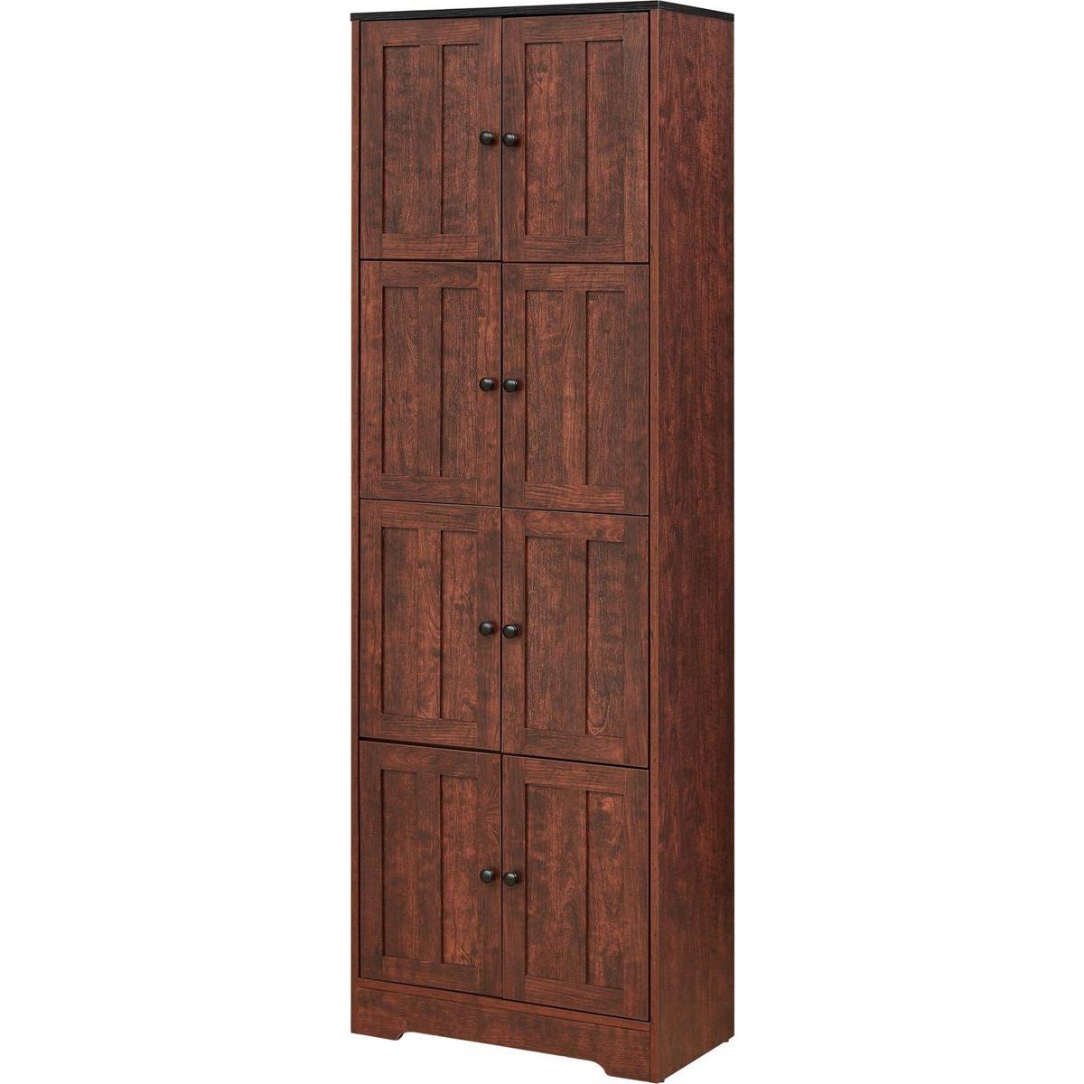 Tall Storage Cabinet with 8 Doors and 4 Shelves, Wall Storage Cabinet for Living Room, Kitchen, Office, Bedroom, Bathroom, Walnut