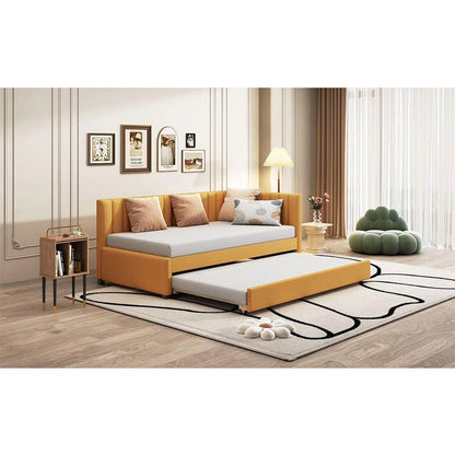 Upholstered Daybed with Trundle Twin Size Sofa Bed Frame No Box Spring Needed, Linen Fabric(Yellow)