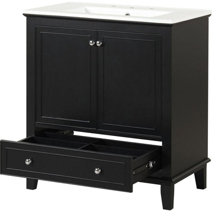 30" Bathroom Vanity with Sink Combo, Multi-functional Bathroom Cabinet with Doors and Drawer, Solid Wood and MDF Board, Black