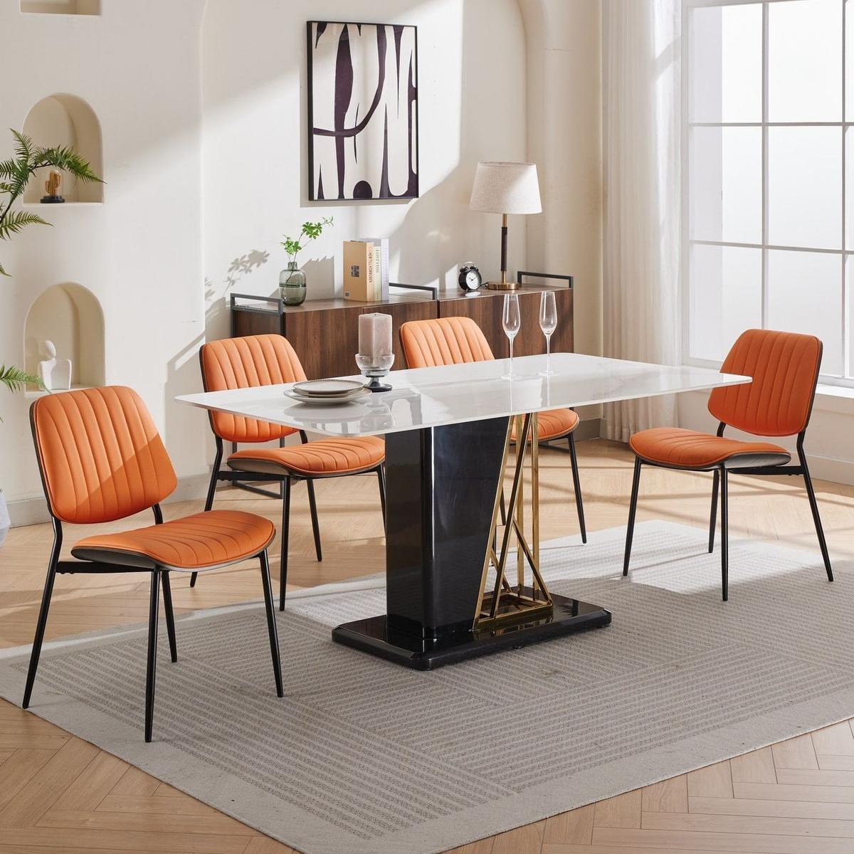 Dining Chairs Set of 2 Mid Century Modern Retro Faux Leather Chair with Walnut Bentwood Back Upholstered Seat Metal Legs Adjustable Foot for Kitchen Dining Room Chairs(Orange PU)