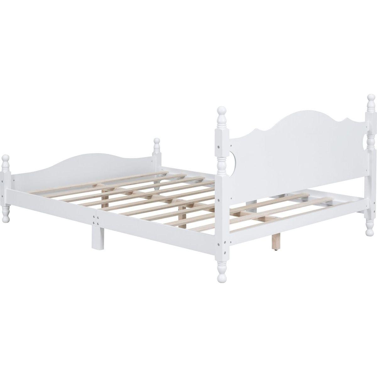 Queen Size Wood Platform Bed Frame,Retro Style Platform Bed with Wooden Slat Support,White