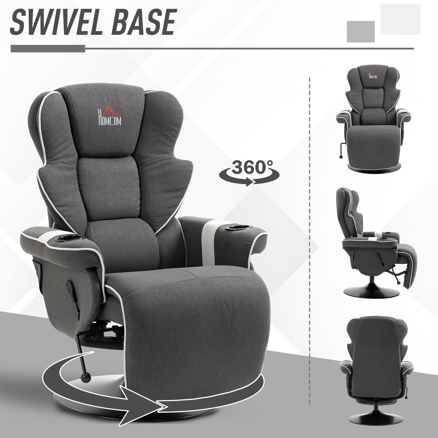 Manual Recliner, Swivel Lounge Armchair with Footrest and Two Cup Holders for Living Room, Black