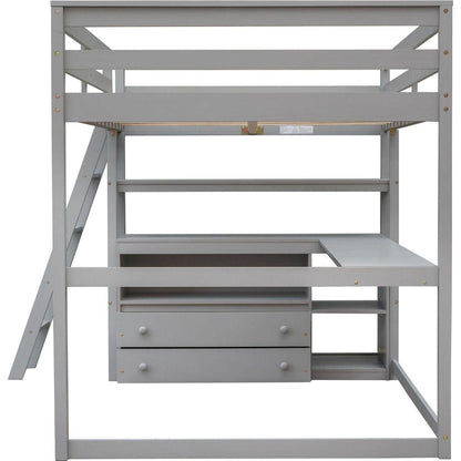 Full Size Loft Bed with Desk and Shelves,Two Built-in Drawers,Gray